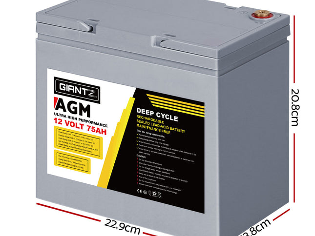Giantz AGM Deep Cycle Battery 12V 75Ah x2 Box Portable Solar Caravan Camping