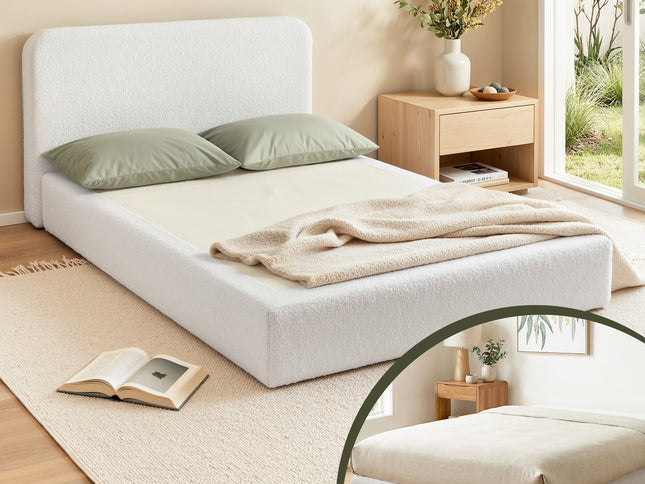 Artiss Compression Bed Frame Double Size No Assembly Vacuum High Density Sponge Boucle Cream White