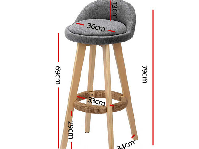Artiss 2x Bar Stools Padded Linen Wooden Grey