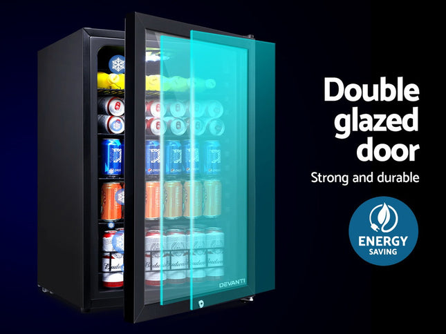 Devanti 115L Bar Fridge Glass Door w/Light Black