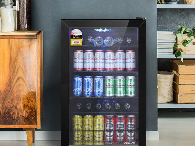Devanti 115L Bar Fridge Glass Door w/Light Black