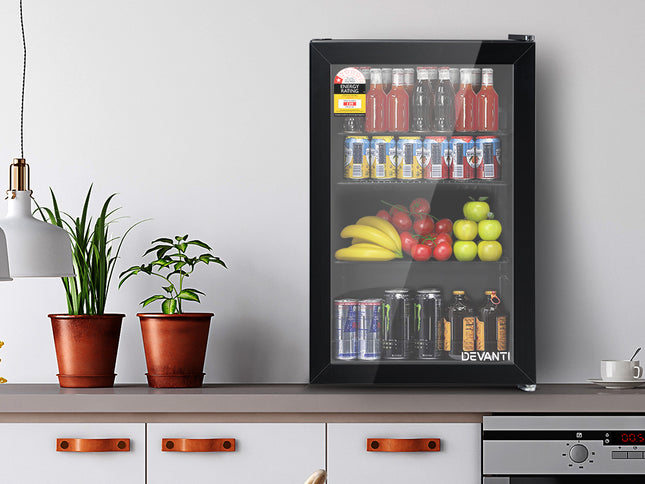 Devanti 70L Bar Fridge Glass Door w/Light Black