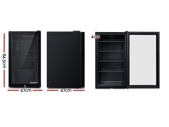 Devanti 98L Bar Fridge Glass Door Mini Fridges Freezer Black