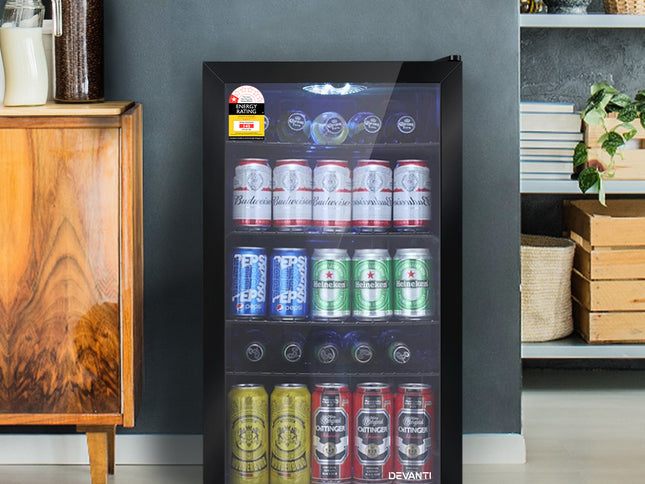 Devanti 98L Bar Fridge Glass Door Mini Fridges Freezer Black
