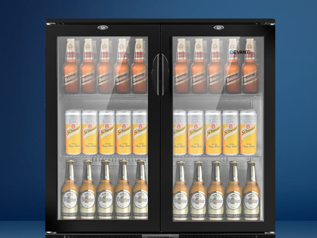 Devanti 198L Bar Fridge Dual Glass Door w/Light Black