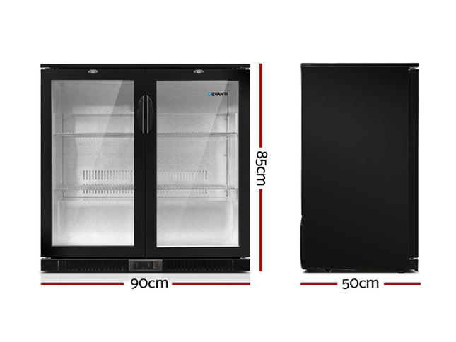 Devanti 198L Bar Fridge Dual Glass Door w/Light Black