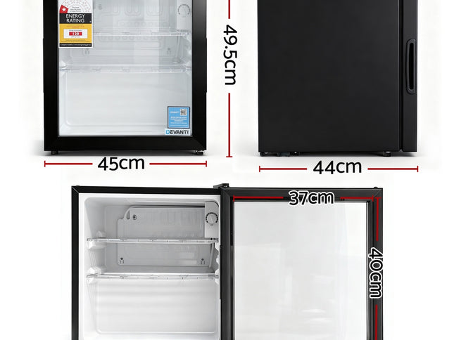 Devanti 40L Bar Fridge Glass Door Mini Fridge Countertop Cooler Black