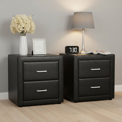 Artiss 2X Bedside Table 2 Drawers Side Table Leather - CADEN Black