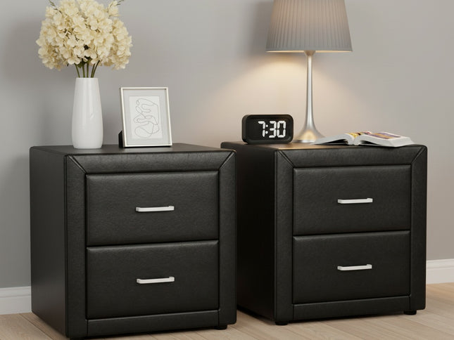 Artiss 2X Bedside Table 2 Drawers Side Table Leather - CADEN Black