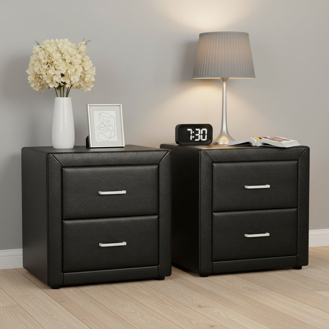 Artiss 2X Bedside Table 2 Drawers Side Table Leather - CADEN Black