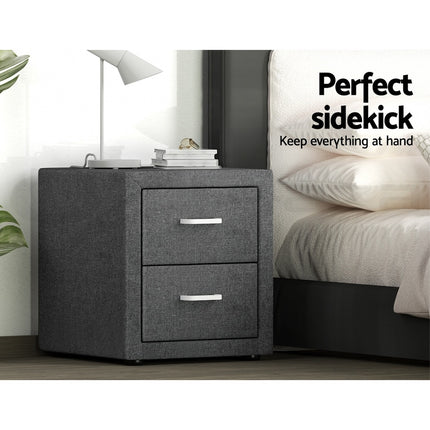 Artiss 2X Bedside Table 2 Drawers Side Table Fabric - CADEN Grey