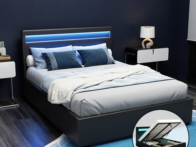 Artiss Bed Frame Double Size LED Gas Lift Black COLE