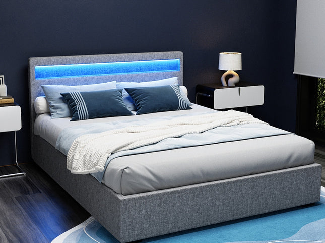 Artiss Bed Frame Queen Size LED Gas Lift Grey COLE