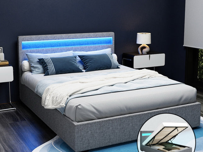 Artiss Bed Frame Queen Size LED Gas Lift Grey COLE