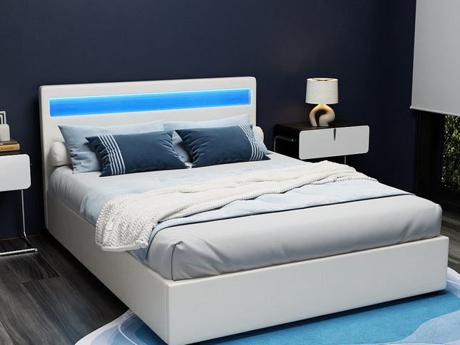 Artiss Bed Frame Queen Size LED Gas Lift White COLE