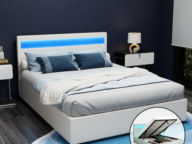 Artiss Bed Frame Queen Size LED Gas Lift White COLE