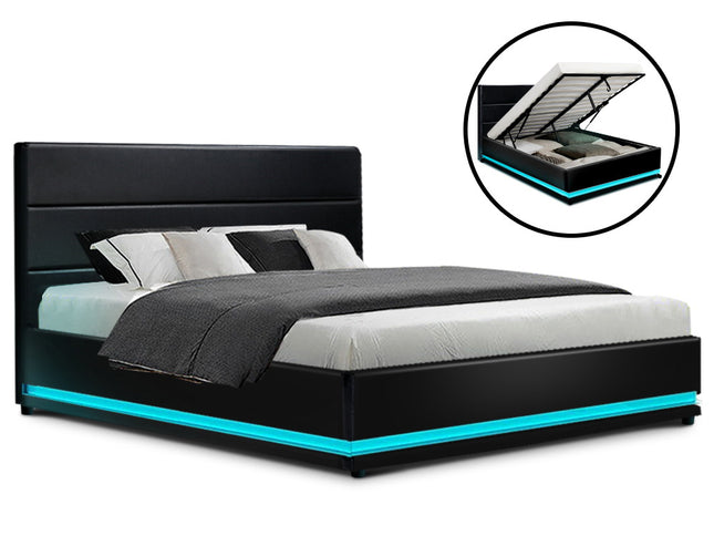 Artiss Bed Frame Double Size LED Gas Lift Black LUMI