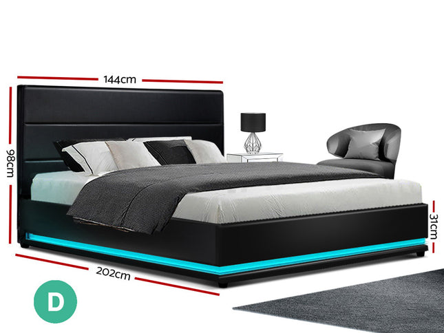 Artiss Bed Frame Double Size LED Gas Lift Black LUMI