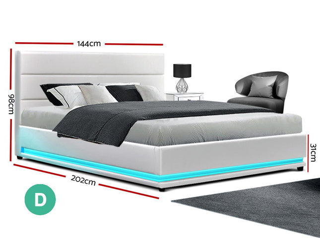 Artiss Bed Frame Double Size LED Gas Lift White LUMI