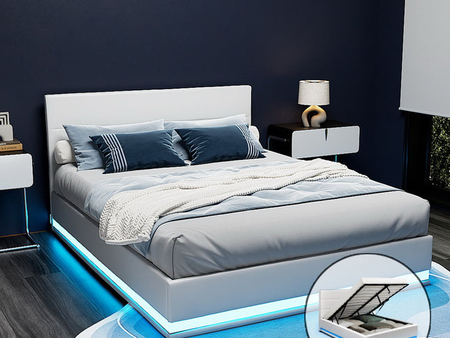 Artiss Bed Frame Double Size LED Gas Lift White LUMI