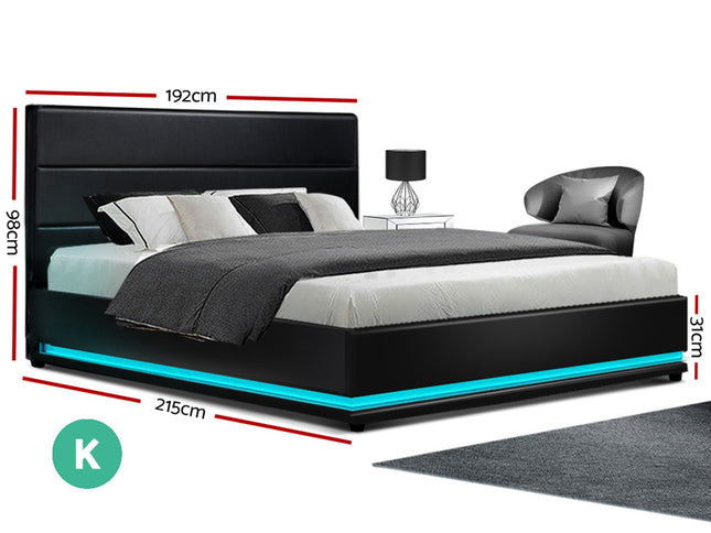 Artiss Bed Frame King Size LED Gas Lift Black LUMI