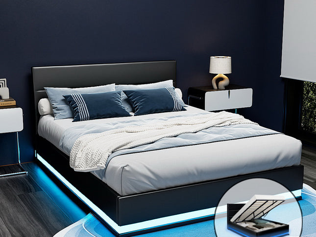 Artiss Bed Frame King Size LED Gas Lift Black LUMI