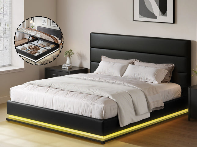 Artiss Bed Frame Queen Size LED Gas Lift Black LUMI