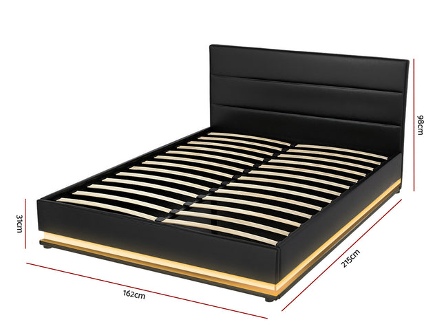 Artiss Bed Frame Queen Size LED Gas Lift Black LUMI