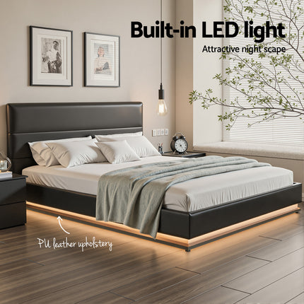 Artiss Bed Frame Queen Size LED Gas Lift Black LUMI
