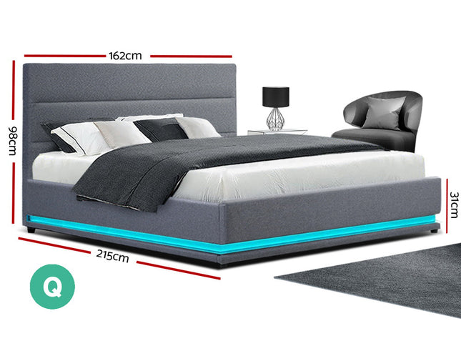 Artiss Bed Frame Queen Size LED Gas Lift Grey LUMI