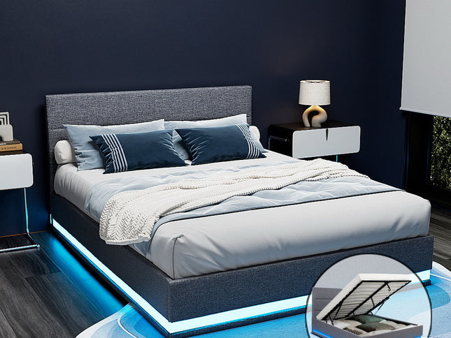 Artiss Bed Frame Queen Size LED Gas Lift Grey LUMI