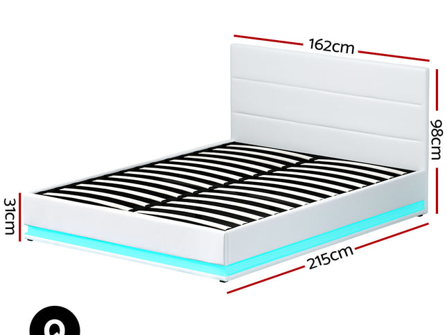 Artiss Bed Frame Queen Size LED Gas Lift White LUMI