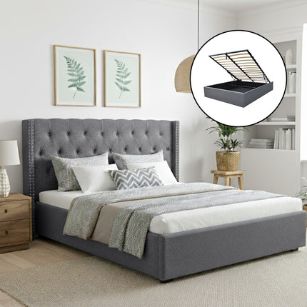 Artiss King Bed Frame Storage Tufted Headboard Gas Lift Base Grey