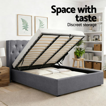 Artiss King Bed Frame Storage Tufted Headboard Gas Lift Base Grey
