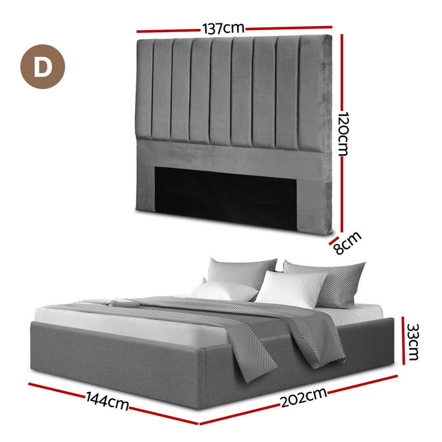 Artiss Double Bed Frame with Storage Grey Velvet Headboard Gas Lift Platform Base
