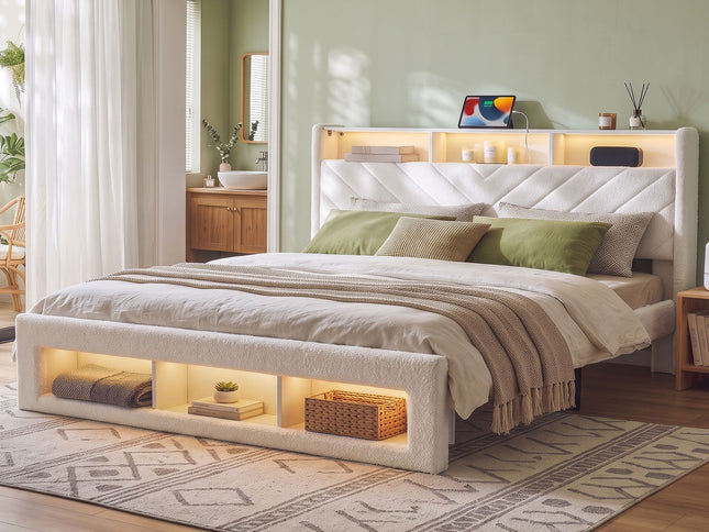 Artiss King Bed Frame with Storage, Charging Station & LED, White