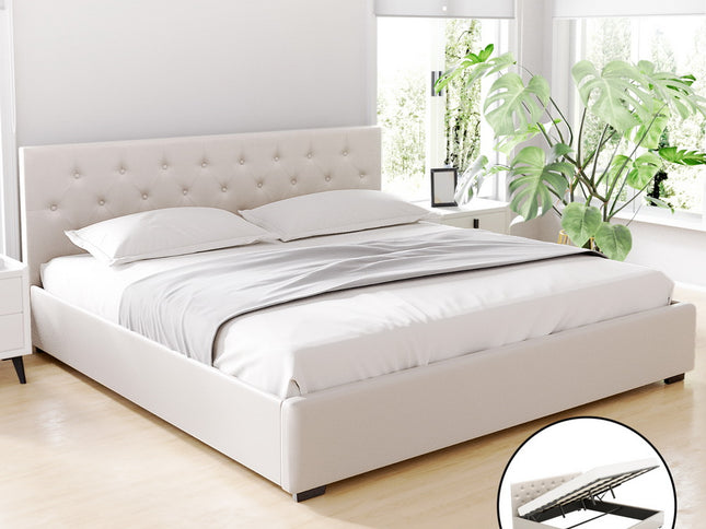 Artiss Bed Frame King Size Gas Lift Beige VILA