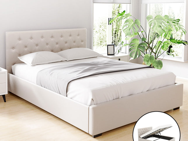 Artiss Bed Frame Queen Size Gas Lift Beige VILA