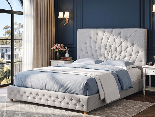 Artiss Queen Bed Frame with Tufted Headboard and Plywood Slats Grey
