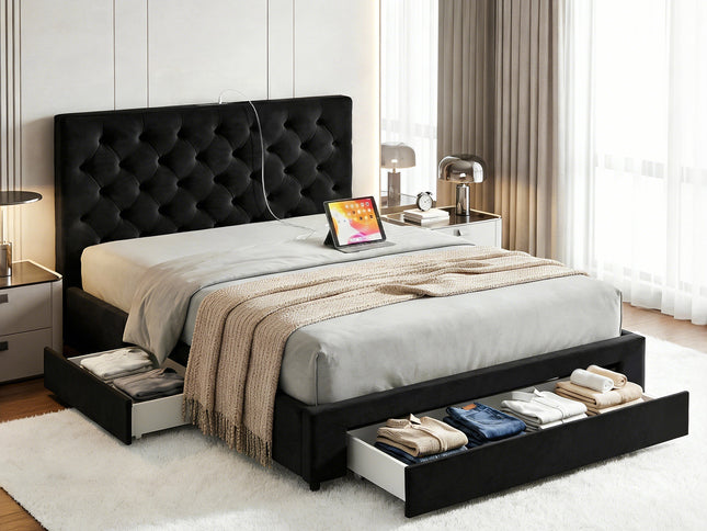Artiss Double Bed Frame Storage Charging Station Upholstered 3 Drawers USB Type-C