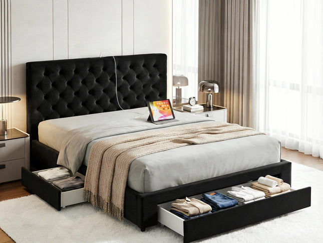 Artiss King Bed Frame Storage Charging Station Upholstered 3 Drawers USB Type-C