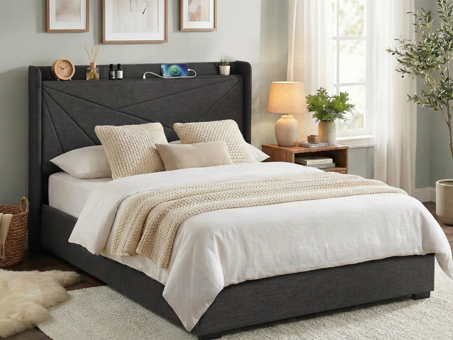 Artiss Double Bed Frame Gas Lift Storage Bed with Charging Ports Upholstered Geometric Headboard Charcoal Grey