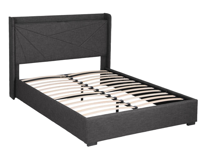 Artiss Double Bed Frame Gas Lift Storage Bed with Charging Ports Upholstered Geometric Headboard Charcoal Grey