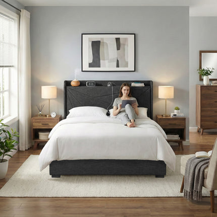 Artiss Double Bed Frame Gas Lift Storage Bed with Charging Ports Upholstered Geometric Headboard Charcoal Grey