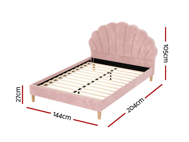 Artiss Bed Frame Double Size Scallop-Shape Bedhead Beds Base Pink Velvet Fabric