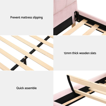 Artiss Bed Frame Double Size Scallop-Shape Bedhead Beds Base Pink Velvet Fabric