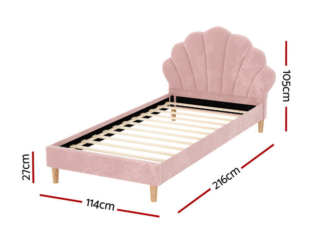 Artiss Bed Frame King Single Size Scallop-Shape Bedhead Beds Base Pink Velvet Fabric
