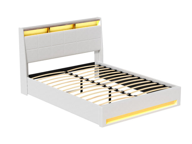 Artiss Bed Frame Gas Lift LED Beds Base Platform White PVC Leather Storage Headboard - Double