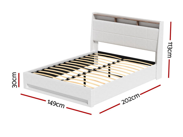 Artiss Bed Frame Gas Lift LED Beds Base Platform White PVC Leather Storage Headboard - Double
