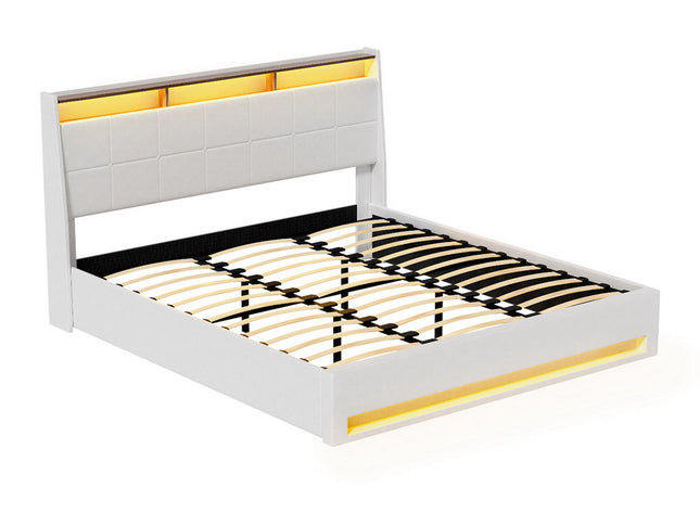 Artiss Bed Frame Gas Lift LED Beds Base Platform White PVC Leather Storage Headboard - King